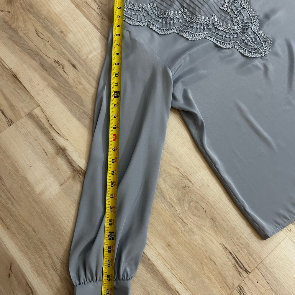 Victorian Style Sz 12Prairie Blouse Gray Lace Yoke High Neck Long Sleeve - Picture 6 of 15